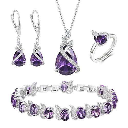 Clearine Hochzeit Schmuck-Set für die Braut, Teardrop Lila Zirkonia Halskette Leverback Ohrringe Tennis Armband und einstellbare Ring Set Geschenk für Muttertag / Jubiläum / Geburtstag Clearine Hochzeit Schmuck-Set für die Braut, Teardrop Lila Zirkonia Halskette Leverback Ohrringe Tennis Armband und einstellbare Ring Set Geschenk für Muttertag / Jubiläum / Geburtstag von Clearine