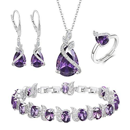 Clearine Hochzeit Schmuck-Set für die Braut, Teardrop Lila Zirkonia Halskette Leverback Ohrringe Tennis Armband und einstellbare Ring Set Geschenk für Muttertag / Jubiläum / Geburtstag von Clearine