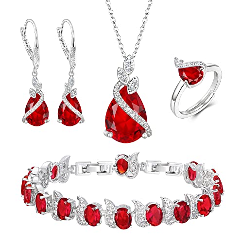 Clearine Hochzeit Schmuck-Set für die Braut Tropfenschliff Rubin-Rot Zirkonia Halskette Leverback Ohrringe Tennis Armband und einstellbare Ring Set Geschenk für Damen von Clearine