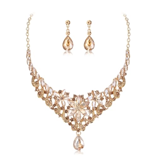 Clearine Hochzeit Schmuck Set wunderschöne beeindruckende Kristall Marquise Tropfen Cluster Anweisung Halskette baumeln Ohrringe für Braut Brautjungfer Prom Champagner Gold Tone von Clearine