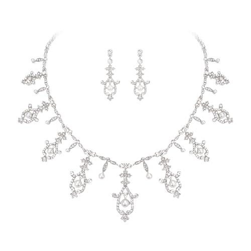 Clearine Hochzeit Schmuck für Bräute Damen glänzende Strass simuliert Perle Halskette Ohrringe Set für Partei Prom Klar Silber Ton von Clearine