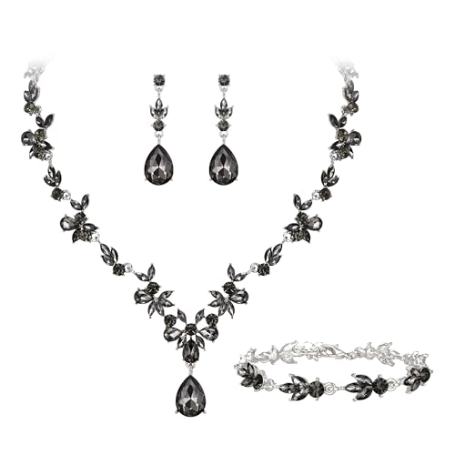 Clearine Hochzeit Schmuckset für Damen Braut Y-Halskette Tennis Armband und Ohrringe baumeln Set Kristall Teardrop Marquise Cluster Schmuck für Braut Brautjungfer Grau Silber-Ton von Clearine