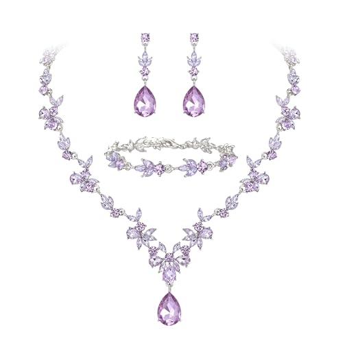 Clearine Hochzeit Schmuckset für Damen Braut Y-Halskette Tennis Armband und Ohrringe baumeln Set Kristall Teardrop Marquise Cluster Schmuck für Braut Brautjungfer Hellviolett Silber-Ton von Clearine