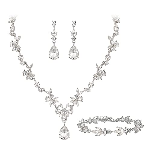 Clearine Hochzeit Schmuckset für Damen Braut Y-Halskette Tennis Armband und Ohrringe baumeln Set Kristall Teardrop Marquise Cluster Schmuck für Braut Brautjungfer Klar Silber-Ton von Clearine