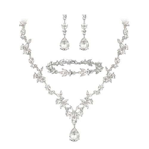Clearine Hochzeit Schmuckset für Damen Braut Y Halskette Tennis Armband und Ohrringe baumeln Set Kristall Teardrop Marquise Cluster Schmuck für Brautjungfer Klar Silber Ton von Clearine
