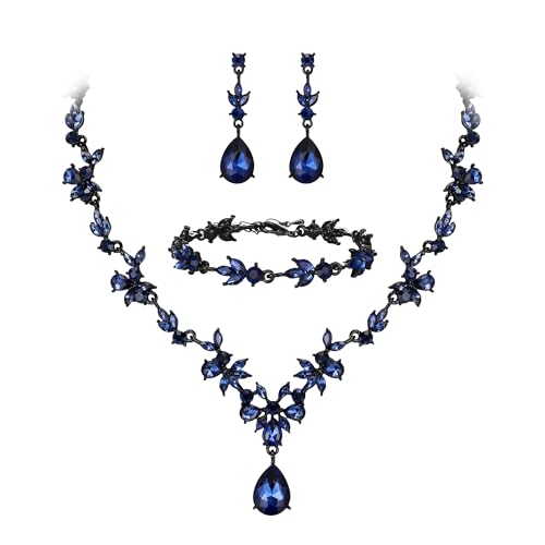 Clearine Hochzeit Schmuckset für Damen Braut Y Halskette Tennis Armband und Ohrringe baumeln Set Kristall Teardrop Marquise Cluster Schmuck für Brautjungfer Saphir Blau Schwarz Ton von Clearine