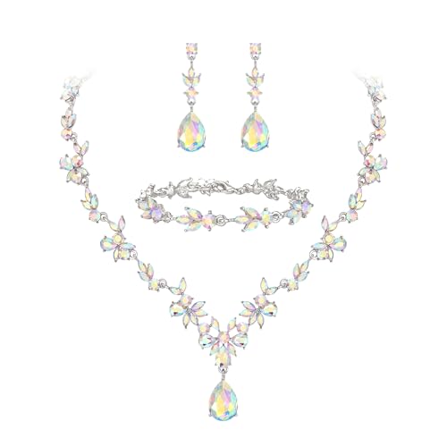 Clearine Hochzeit Schmuckset für Damen Braut Y Halskette Tennis Armband und Ohrringe baumeln Set Kristall Teardrop Marquise Cluster Schmuck für Brautjungfer Schillernd AB Silber Ton von Clearine