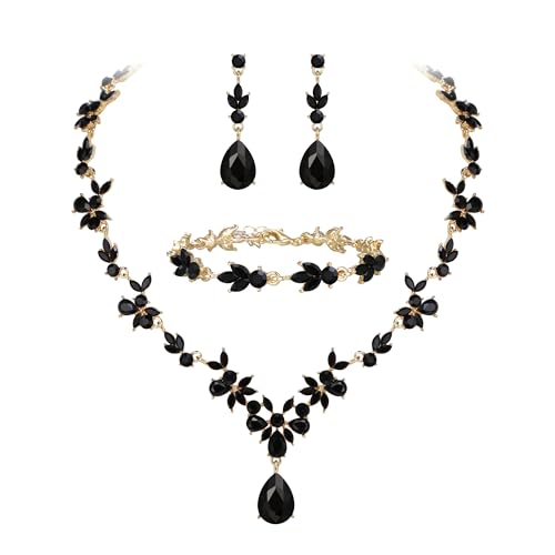 Clearine Hochzeit Schmuckset für Damen Braut Y Halskette Tennis Armband und Ohrringe baumeln Set Kristall Teardrop Marquise Cluster Schmuck für Brautjungfer Schwarz Gold Tone von Clearine