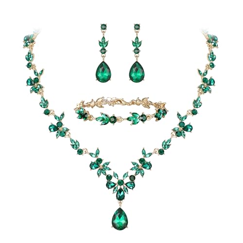 Clearine Hochzeit Schmuckset für Damen Braut Y-Halskette Tennis Armband und Ohrringe baumeln Set Kristall Teardrop Marquise Cluster Schmuck für Braut Brautjungfer Smaragdgrün Gold-Ton von Clearine