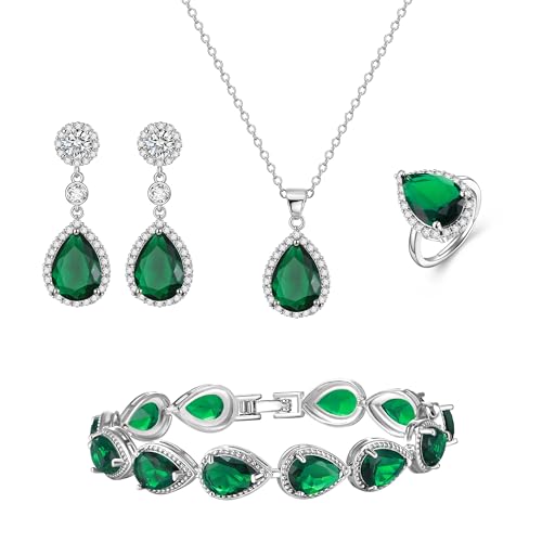 Clearine Hochzeit Teardrop Halskette Ohrringe Tennis Armband Ring Set, Smaragd Cubic Zirkonia Set für Braut Brautjungfer, Geburtstag Weihnachten Valentinstag Mütter Tag Prom Schmuck Geschenk von Clearine