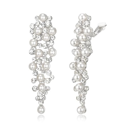 Clearine Hochzeits-Clip-Ohrringe für Damen Wunderschöne Strasssteine Simulierte Perlen Multi-Perlen-Cluster Statement-Ohrringe für Partys und Abschlussbälle Klar silberfarben von Clearine