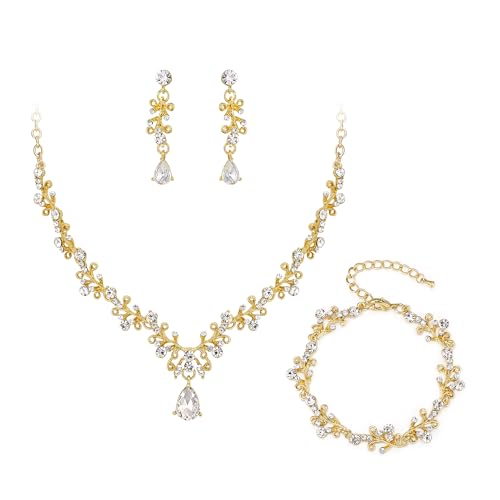 Clearine Hochzeitsschmuck Set für Damen, Glänzend Strass Teardrop Leaf Cluster Statement Halskette Dangle Drop Ohrringe Gliederarmband für Hochzeit Party Prom Zubehör Klar Gold-Tone von Clearine