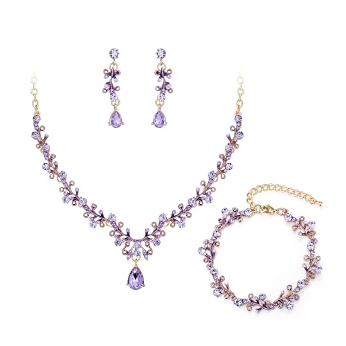 Clearine Hochzeitsschmuck Set für Damen, Glänzende Strass Teardrop Leaf Cluster Statement Halskette Dangle Drop Earrings Link Armband für Hochzeit Party Prom Zubehör hell violett Gold-Ton von Clearine