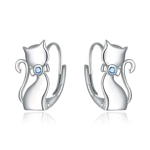 Clearine Katze Creolen Ohrhänger 925 Sterling Silber blau Zirkonia niedliche Tierschmuck Huggie Ohrringe für Damen von Clearine