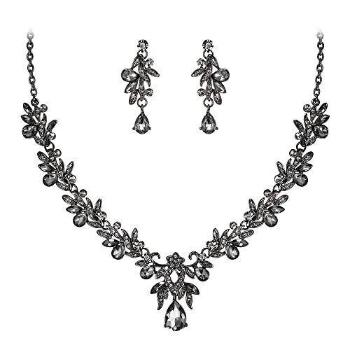 Clearine Kostüm Schmuck-Set für Abschlussball-Party Tropfen Blatt Strass Kristall Anhänger Halskette und Ohrhänger Grau Schwarz-Ton von Clearine