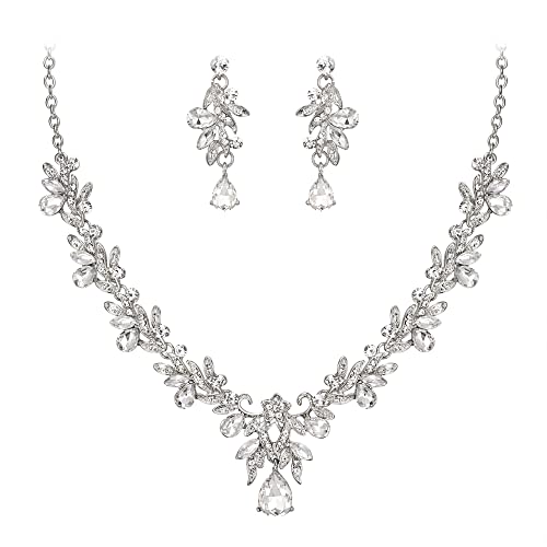 Clearine Kostüm Schmuck-Set für Abschlussball-Party Tropfen Blatt Strass Kristall Anhänger Halskette und Ohrhänger Klar Silber-Ton von Clearine