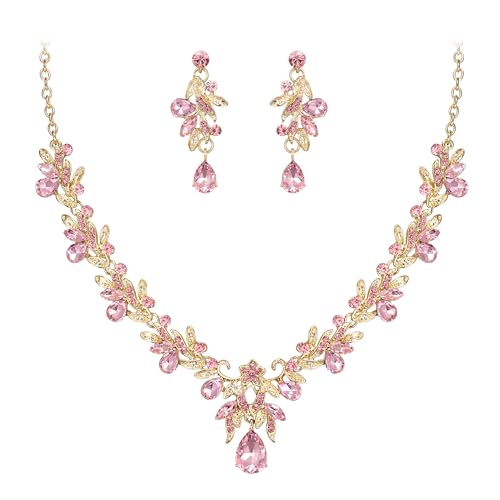 Clearine Kostüm Schmuck-Set für Abschlussball-Party Tropfen Blatt Strass Kristall Anhänger Halskette und Ohrhänger Rosa Gold-Ton von Clearine