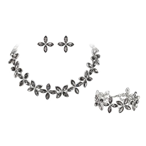 Clearine Kristall Blatt Marquise Cluster Choker Halskette Ohrstecker und Armband Schmuck Set für Damen Braut Party Grau Silber-Ton von Clearine