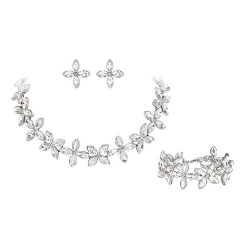 Clearine Kristall Blatt Marquise Cluster Choker Halskette Ohrstecker und Armband Schmuck Set für Damen Braut Party Klar Silber-Ton von Clearine