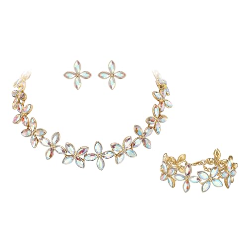 Clearine Kristall Blatt Marquise Cluster Choker Halskette Ohrstecker und Armband Schmuck Set für Damen Braut Party Schillernd AB Gold-Tone von Clearine