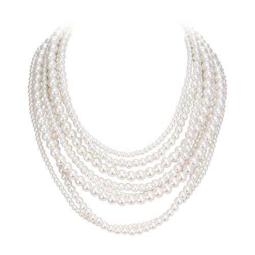Clearine Mehrschichtige Strang Kette Elfenbein Simulierte Perlen Flapper Cluster Langes Halsband Halskette Modeschmuck für Halloween Prom Partei von Clearine