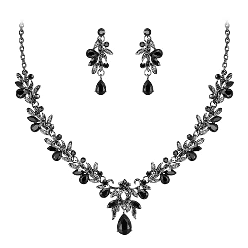 Clearine Modeschmuck Set für Prom Partei Teardrop Blatt Strass Kristall Anhänger Halskette baumeln Ohrringe Schwarz von Clearine