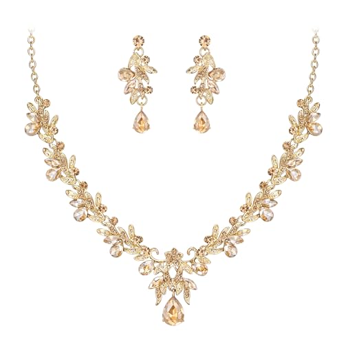 Clearine Modeschmuck Set für Prom Partei Teardrop Blatt Strass Kristall Anhänger Halskette baumeln Ohrringe Champagner Gold Tone von Clearine