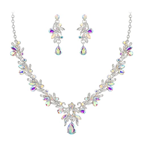 Clearine Modeschmuck Set für Prom Partei Teardrop Blatt Strass Kristall Anhänger Halskette baumeln Ohrringe Schillernd AB Silber Ton von Clearine