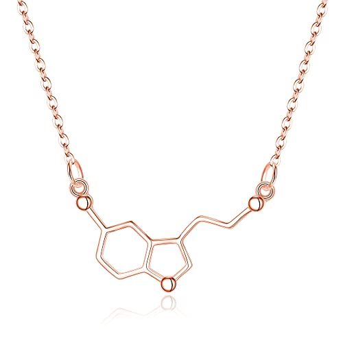 Clearine Molekül Struktur Halskette 925 Sterling Silber Rosegold-Ton Glück Neurotransmitter Serotonin Chemie Halskette Schmuck Geschenk für Liebhaber der Wissenschaft von Clearine