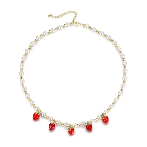 Clearine Niedliche lustige simulierte Perlen Halskette mit drei Erdbeeren für Damen Sommer Halloween-Kostüm Cosplay Party Süße Erdbeer-Liebhaberin Schmuck Geschenke von Clearine