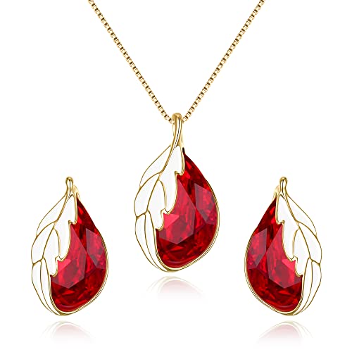 Clearine Österreichisch Kristall Schmuckset für Damen verziert mit Tropfenanhänger Blatt-Halsketten-Ohrringe Schmuckset Rubin-Rot Gold-Tone von Clearine