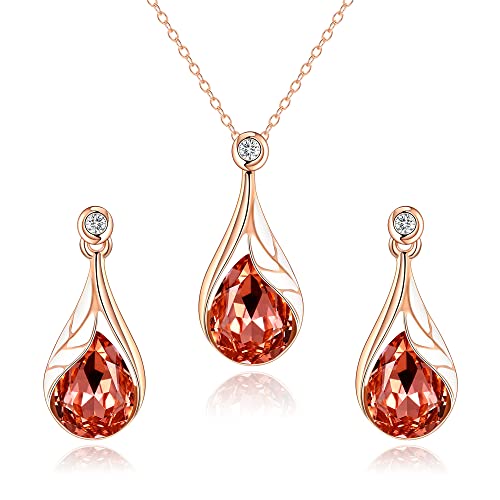 Clearine Österreichisch Kristall-Schmuckset in Tropfenform Emaille Blatt Elegantes Strass Anhänger Halskette Ohrringe Set für Damen Champagner-Rosegold-Ton von Clearine