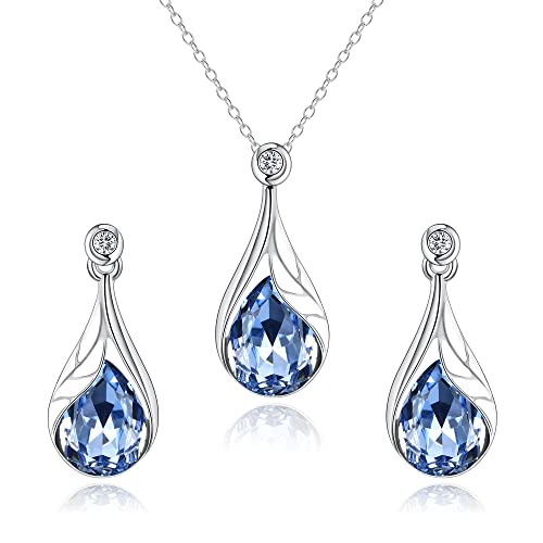 Clearine Österreichisch Kristall-Schmuckset in Tropfenform Emaille Blatt Elegantes Strass Anhänger Halskette Ohrringe Set für Damen Blau Silber-Ton von Clearine