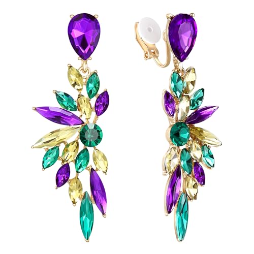 Clearine Ohrclips Hochzeit Braut Kristall Teardrop Marquise Cluster Bling Hängend Ohrringe für Damen Karbeval Farbig Gold-Tone von Clearine