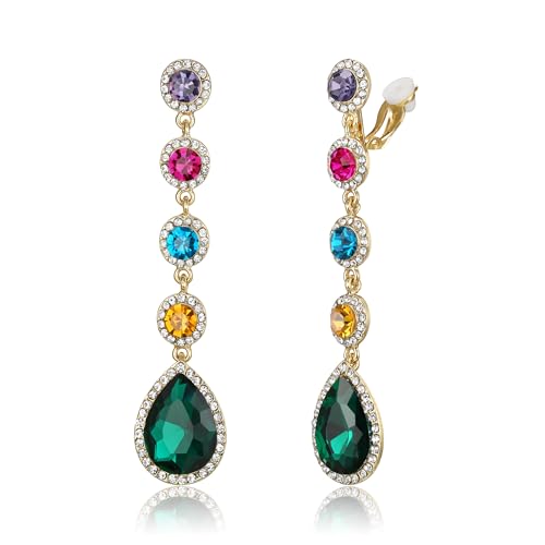 Clearine Ohrclips für Damen, wunderschöne glänzende Strasssteine, Kristall-Tropfen-Ohrhänger, lange Ohrringe für Hochzeiten, Partys und Abschlussbälle Mehrfarbig-Goldfarben-Tone von Clearine
