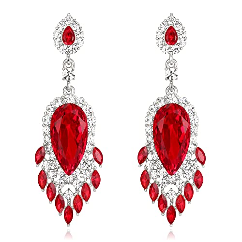 Clearine Ohrringe Boho Runde Marquise Strass Kronleuchter Ohrringe für Damen Party Rubin-Rot Silber-Ton von Clearine