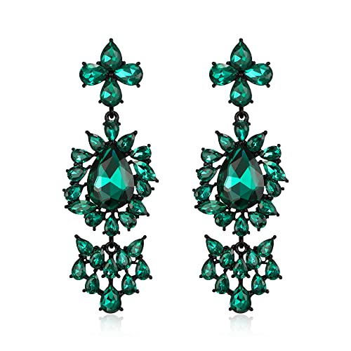 Clearine Damen Art Deco Vintage 1920er Gatsby Teardrop Marquise Strass Kronleuchter Ohrringe für Abschlussball Party Smaragd Grün Schwarz Tone von Clearine