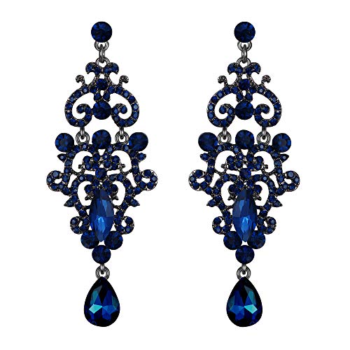 Clearine Ohrringe Kristall Hochzeit Braut Party Vintage Drop Hohl Kronleuchter filigrane Ohrhänger Saphir-Blau Schwarz-Ton für Damen von Clearine