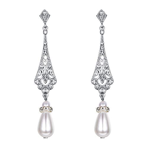 Clearine Ohrringe Vintage Kristall Simulierte Perle Statement Kostüm Chandelier Ohrhänger für Damen Hochzeit Party Klar Silber Ton von Clearine