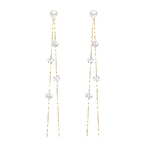 Clearine Ohrringe simulierte Perle Rhombus Zirkonia lange Kette baumeln Ohrringe für Damen Party Prom Gold-Ton von Clearine