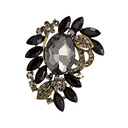 Clearine Oval Bouquet Brosche Damen Elegante Strass Kristall Marquise Blatt Pin für Kleidung Party Prom Schwarz-Antik-Gold-Ton von Clearine