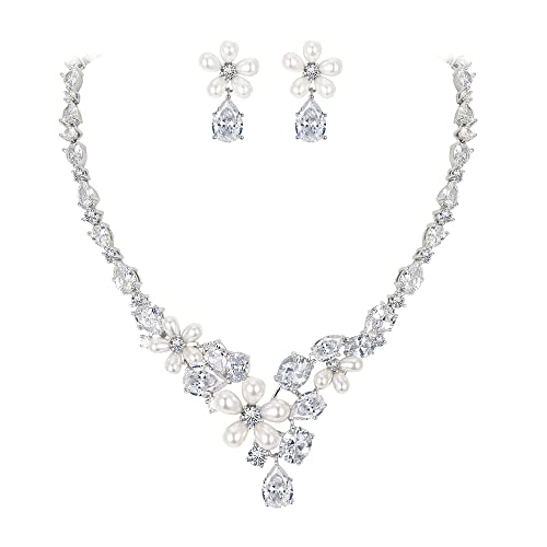 Clearine Pearl Tennnis Necklace Earrings Set Teardrop Cubic Zirconia Floral Simulated Cluster Jewellery for Bride Bridesmaid von Clearine