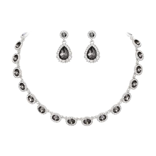 Clearine Prom Modeschmuck, Oval Crystal Collar Statement Halskette Teardrop Pierced Dangle Ohrringe Hochzeit Schmuck-Set für Damen Braut Brautjungfern Grau Silber-Ton von Clearine