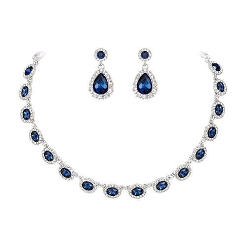 Clearine Prom Modeschmuck, Oval Crystal Collar Statement Halskette Teardrop Pierced Dangle Ohrringe Hochzeit Schmuck-Set für Damen Braut Brautjungfern Sapphire Silber-Ton von Clearine