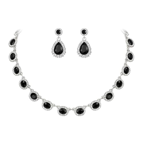 Clearine Prom Modeschmuck, Oval Crystal Collar Statement Halskette Teardrop Pierced Dangle Ohrringe Hochzeit Schmuck-Set für Damen Braut Brautjungfern Schwarz Silber-Tone von Clearine