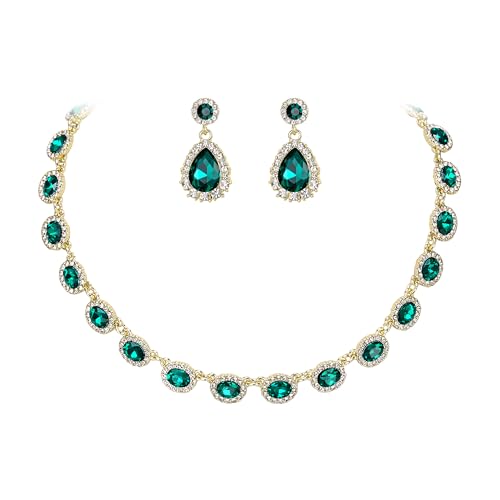 Clearine Prom Modeschmuck, Oval Crystal Collar Statement Halskette Teardrop Pierced Dangle Ohrringe Hochzeit Schmuck-Set für Damen Braut Brautjungfern Smaragdgrün Gold-Tone von Clearine