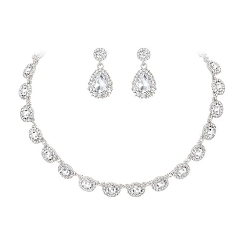 Clearine Prom Modeschmuck, Oval Crystal Collar Statement Halskette Teardrop Pierced Dangle Ohrringe Hochzeit Schmuck-Set für Damen Braut Brautjungfern klar Silber-Ton von Clearine