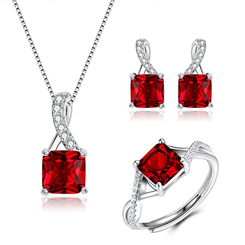 Clearine Quadratschliff Schmuck Set 925 Sterling Silber Zirkonia Anhänger Halskette,Baumeln Ohrringe und Ring Sets Edelstein Geschenke für Damen Mädchen Rubin-Rot Silber-Ton von Clearine