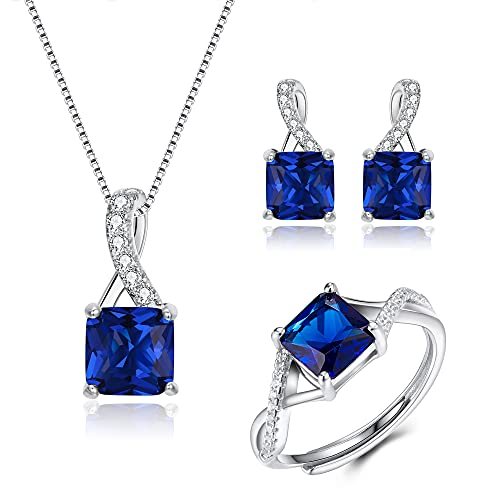 Clearine Quadratschliff Schmuck Set 925 Sterling Silber Zirkonia Anhänger Halskette,Baumeln Ohrringe und Ring Sets Edelstein Geschenke für Damen Mädchen Saphir-Blau Silber-Ton von Clearine