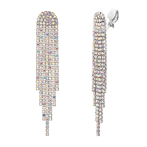 Clearine Quaste Ohrclips Mode Lange Tropfen Kronleuchter Funkeln Strass Kristall Clip-on Ohrringe für Damen Iredescent AB Silber-Ton von Clearine